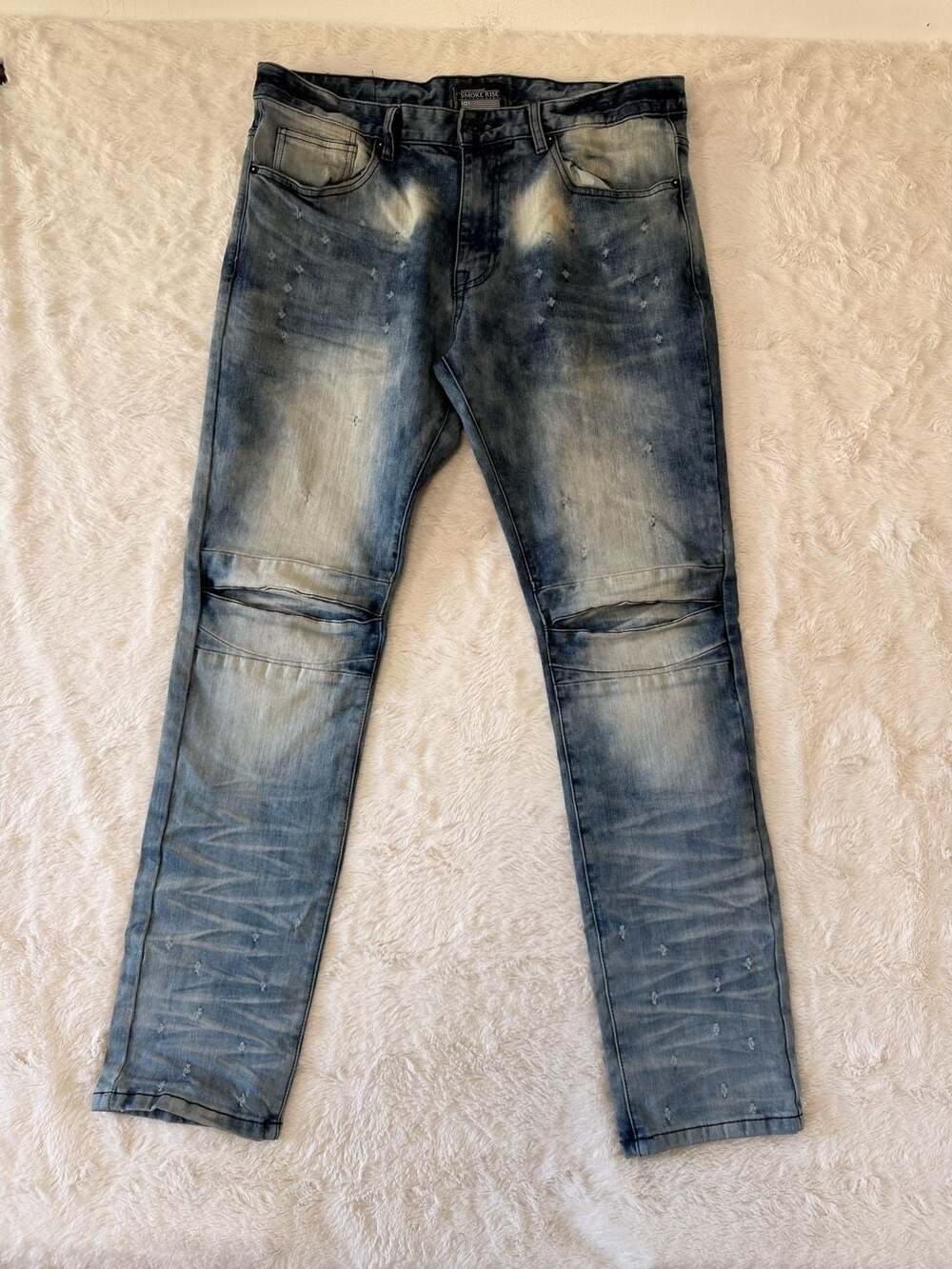Smoke Rise NY Mens Acid Wash Distressed Biker Moto Jeans 36x32